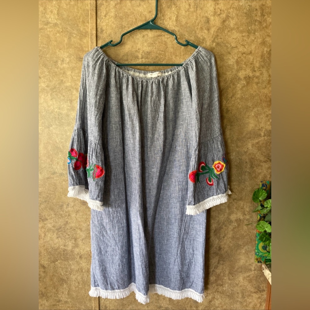 Hippie Boho Embroidered Pinstripe Fringe Beach Vacation Cruise Lounge Dress M